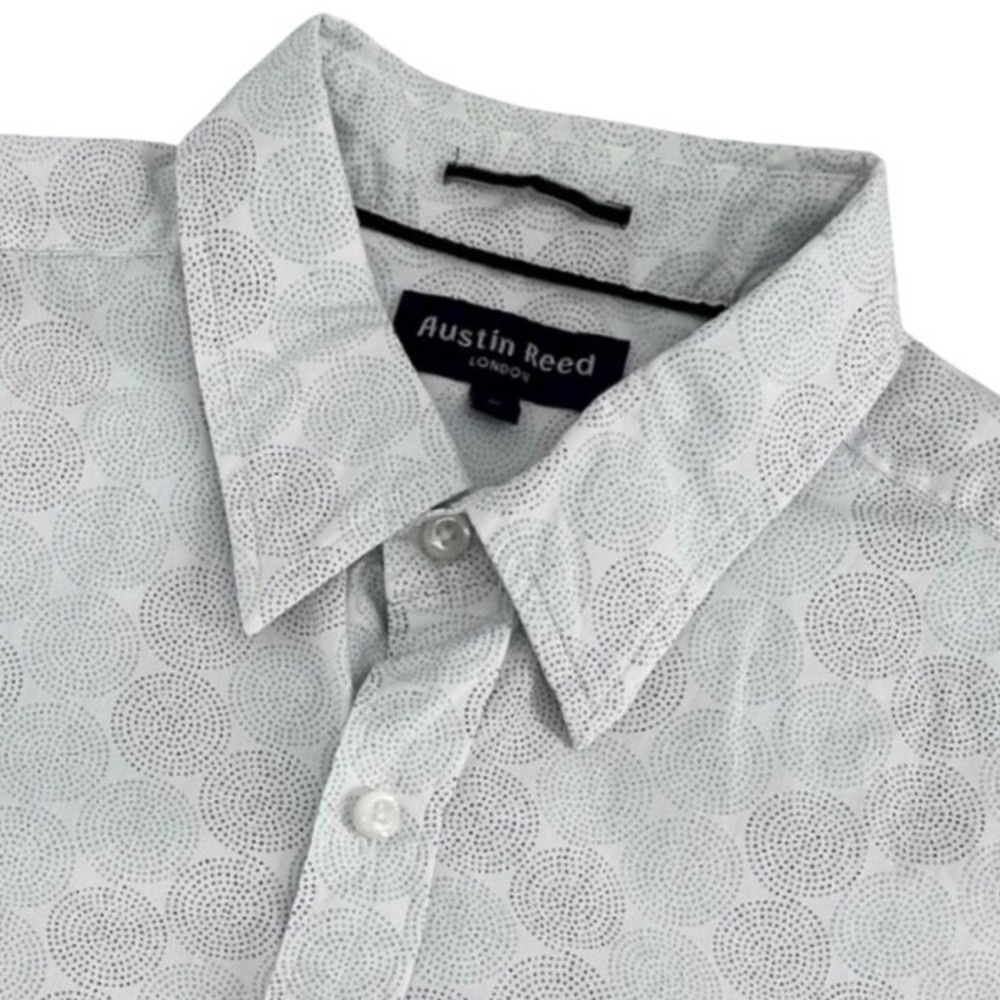 Austin Reed London Shirt Mens Large White Blue Geometric Dot Short Sleeve Cotton